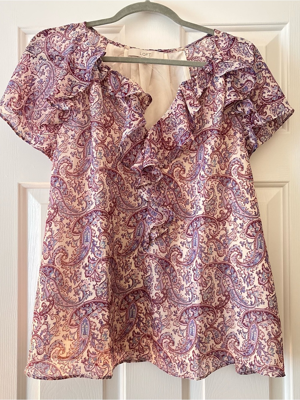 LOFT Cream and Pink Paisley Ruffle V-Neck Blouse